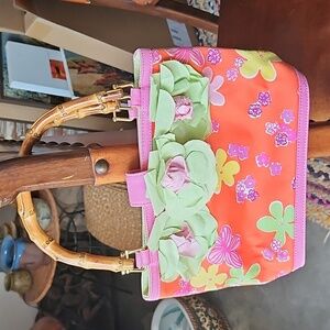 Lilly Pulitzer Summer Tropical Orange Embelished Fabric Flower Bamboo Handle Bag